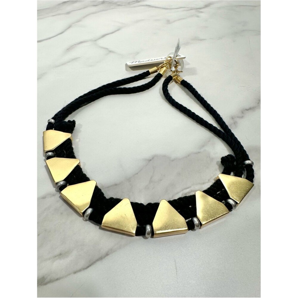 Madewell Black Braided Roped Statement Necklace Gold Triangle Accents NWT OS